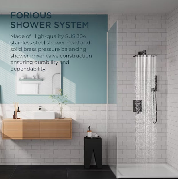 (New) FORIOUS 12-inch Brushed Nickel 12-in Waterfall Dual Head Shower Tower System