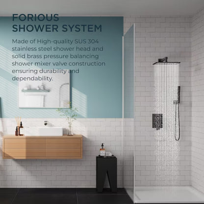 (New) FORIOUS 12-inch Brushed Nickel 12-in Waterfall Dual Head Shower Tower System
