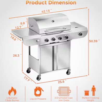 COWSAR Stainless steel Style 4B 4 -Burner Liquid Propane Gas Grill 1 -Side Burner