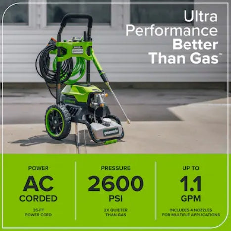 (New) Greenworks 2600-PSI 1.1-GPM Cold Water Electric Pressure Washer