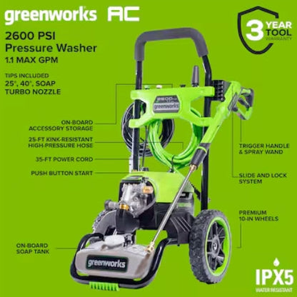 (New) Greenworks 2600-PSI 1.1-GPM Cold Water Electric Pressure Washer