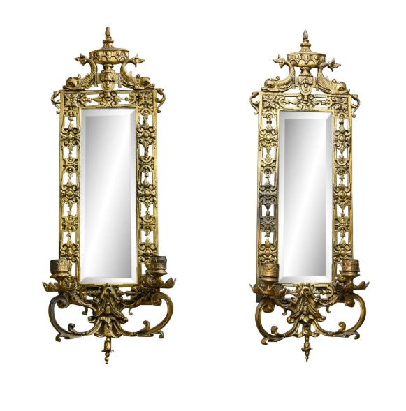 Pair of 19th Century Renaissance Revival Style Brass Dolphin Mirrored Wall Sconces