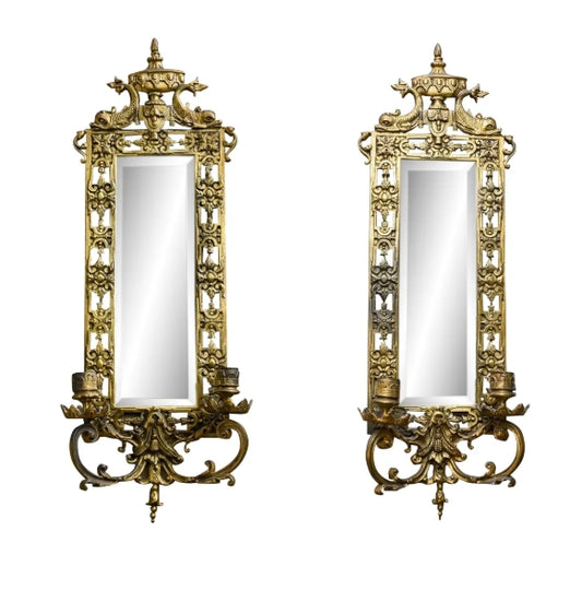 Vintage Renaissance Revival Style Brass Mirrored Wall Sconce