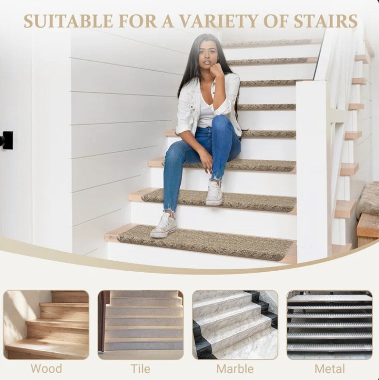 (New) Bullnose Carpet Non Slip Stair Treads, Stair Step Rugs (Set of 15)