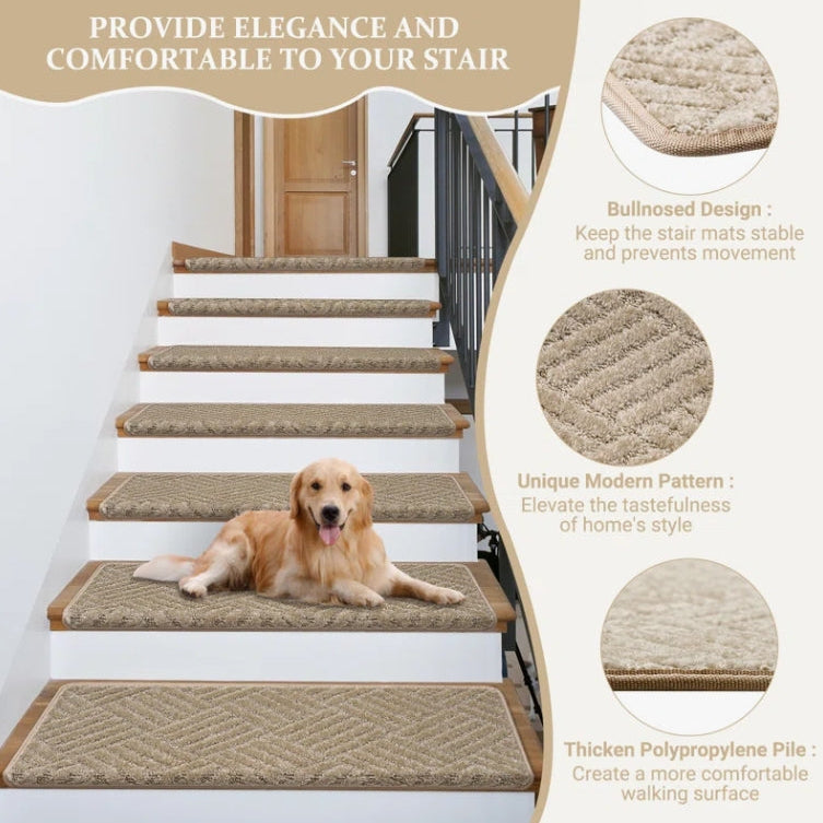 (New) Bullnose Carpet Non Slip Stair Treads, Stair Step Rugs (Set of 15)