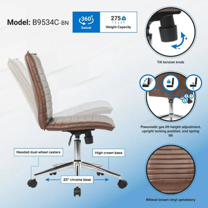 Boss Office Products Vinyl Armless Hospitality Task Chair with Casters, Brown