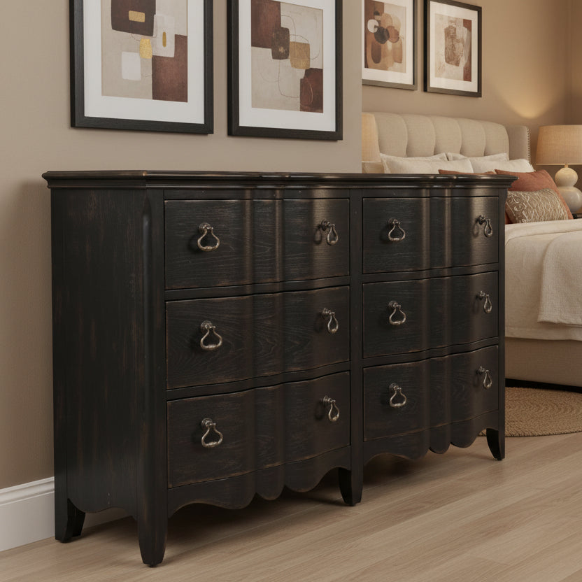 Six Drawers Dresser in Wire Brushed Antique Black Finish