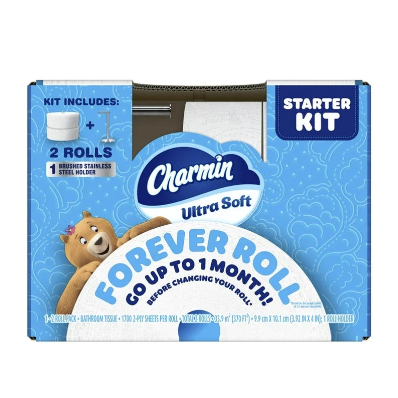 Charmin Ultra Soft Toilet Paper, Forever Roll Starter Kit, 1 Holder, 2 Rolls, 2-Ply Bath Tissue