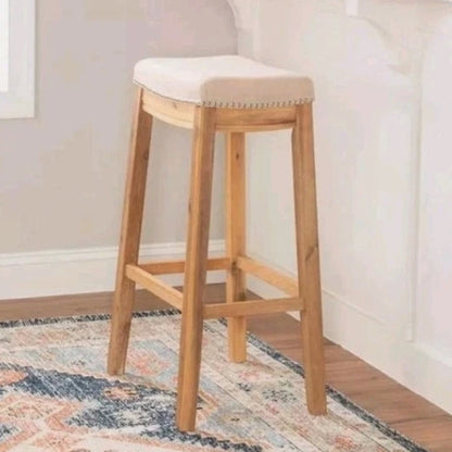 (New) Linon Claridge Bar Stool Natural Padded Seat Acacia Natural Wood