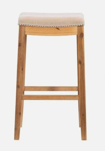 (New) Linon Claridge Bar Stool Natural Padded Seat Acacia Natural Wood