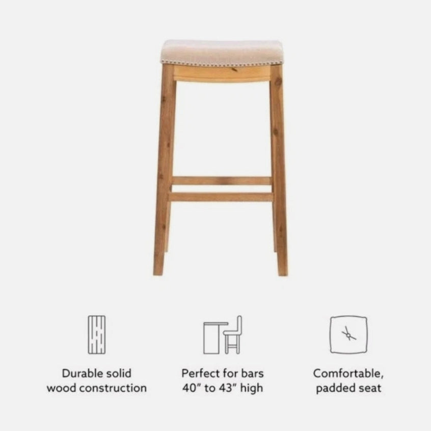(New) Linon Claridge Bar Stool Natural Padded Seat Acacia Natural Wood