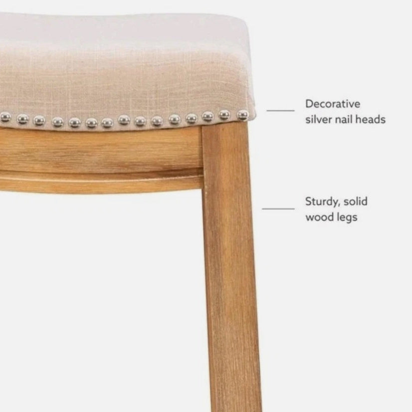 (New) Linon Claridge Bar Stool Natural Padded Seat Acacia Natural Wood