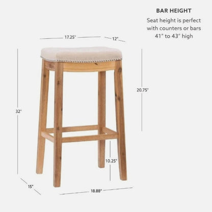 (New) Linon Claridge Bar Stool Natural Padded Seat Acacia Natural Wood