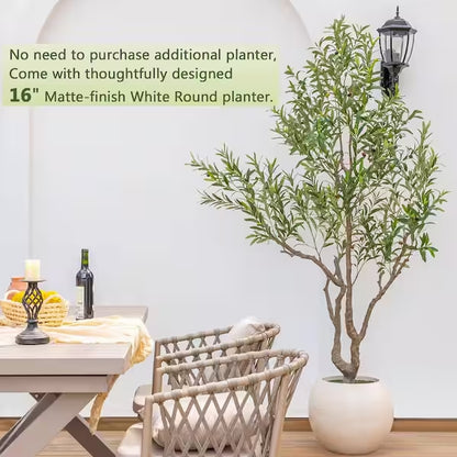 7 ft. Artificial Olive Tree Indoor/Outdoor, Faux Olive Plant in Round White Planter