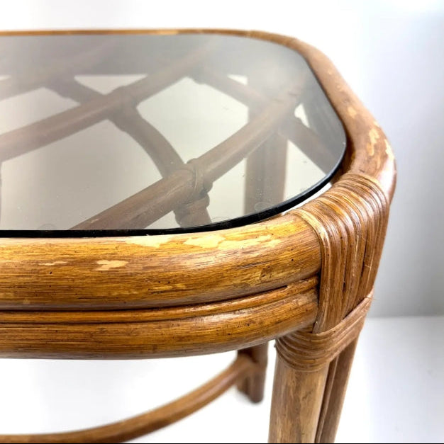 Vintage 1970's Lane Venture Rattan and Glass Console Table