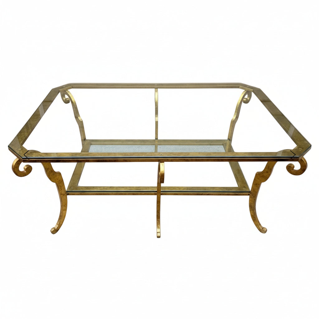 Swaim Hollywood Regency Gilded Iron and Two-Tier Beveled Glass Top Cocktail Table