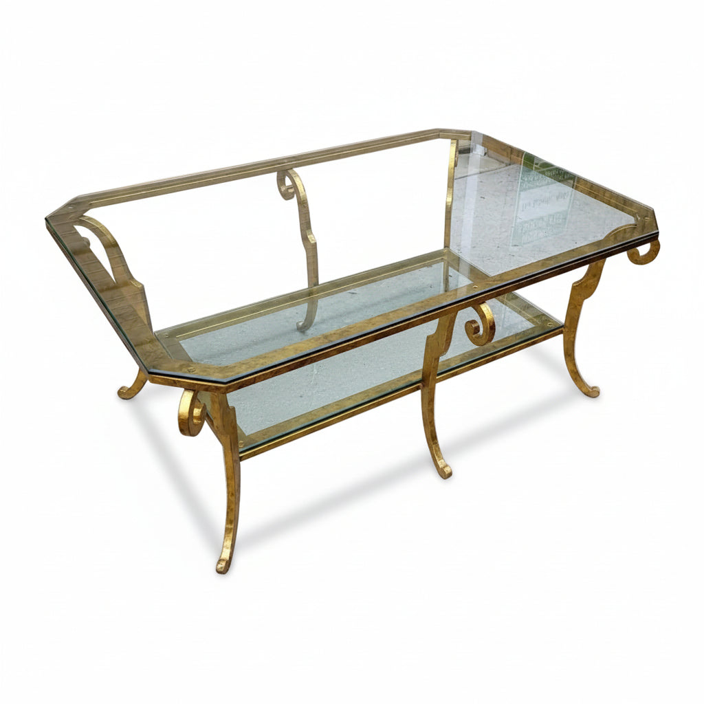 Swaim Hollywood Regency Gilded Iron and Two-Tier Beveled Glass Top Cocktail Table