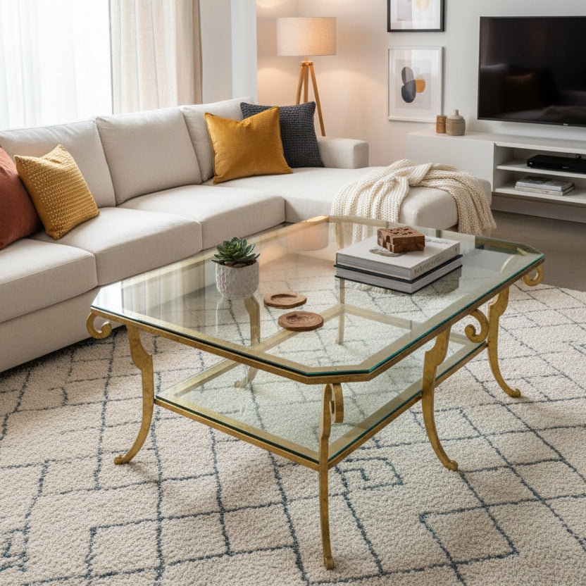 Swaim Hollywood Regency Gilded Iron and Two-Tier Beveled Glass Top Cocktail Table