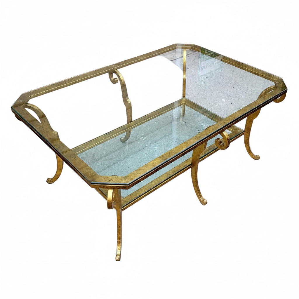 Swaim Hollywood Regency Gilded Iron and Two-Tier Beveled Glass Top Cocktail Table