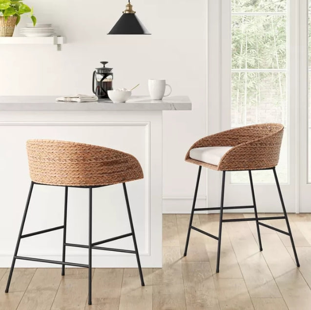 (New) Landis Wicker Backed Counter Height Barstool with Cushion and Footrest White/Black
