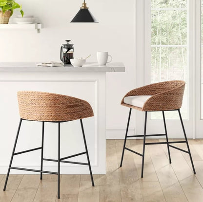 (New) Landis Wicker Backed Counter Height Barstool with Cushion and Footrest White/Black
