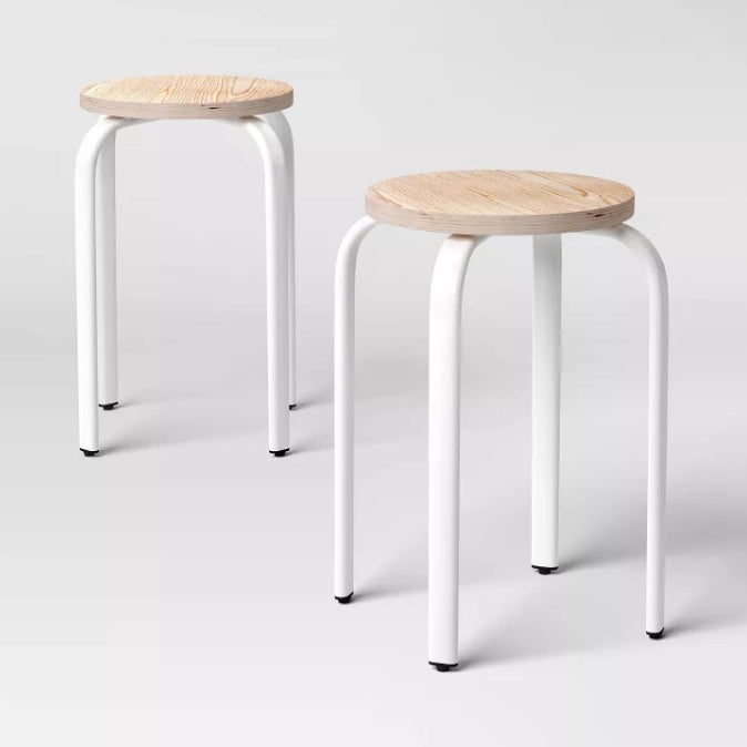 Set of 2 Plywood with Metal Base Stacking Stool White