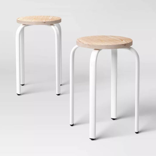 Set of 2 Plywood with Metal Base Stacking Stool White
