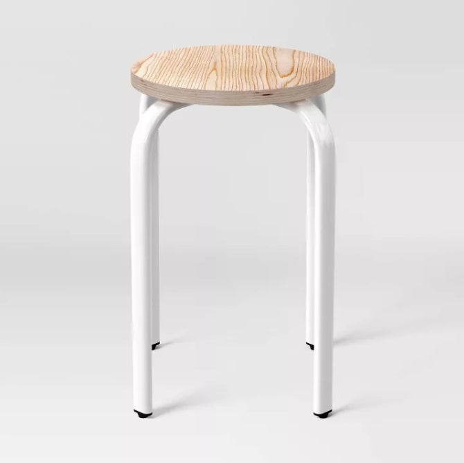 Set of 2 Plywood with Metal Base Stacking Stool White