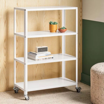 (New) Small 44" 3 Shelf Rolling Metal Bookcase
