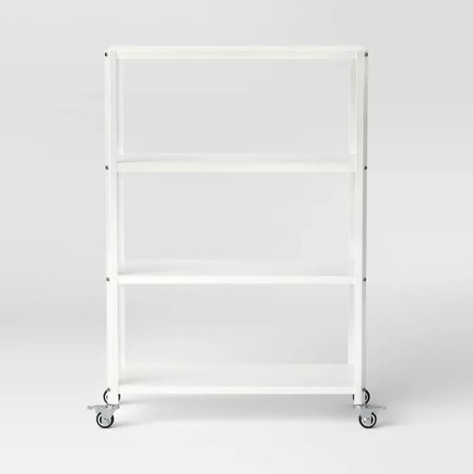 (New) Small 44" 3 Shelf Rolling Metal Bookcase