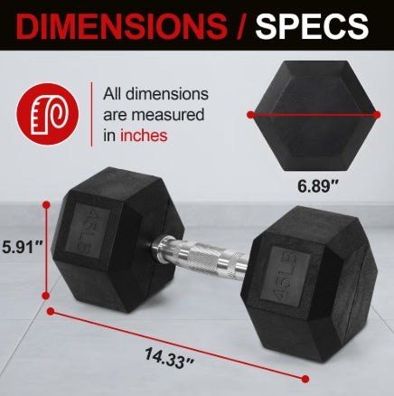 Flexwave 45 LB Rubber Hex Dumbbell