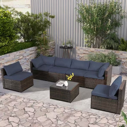 Brown Wicker 7-Piece Outdoor Patio Set Sectional Sofa and Coffee Table