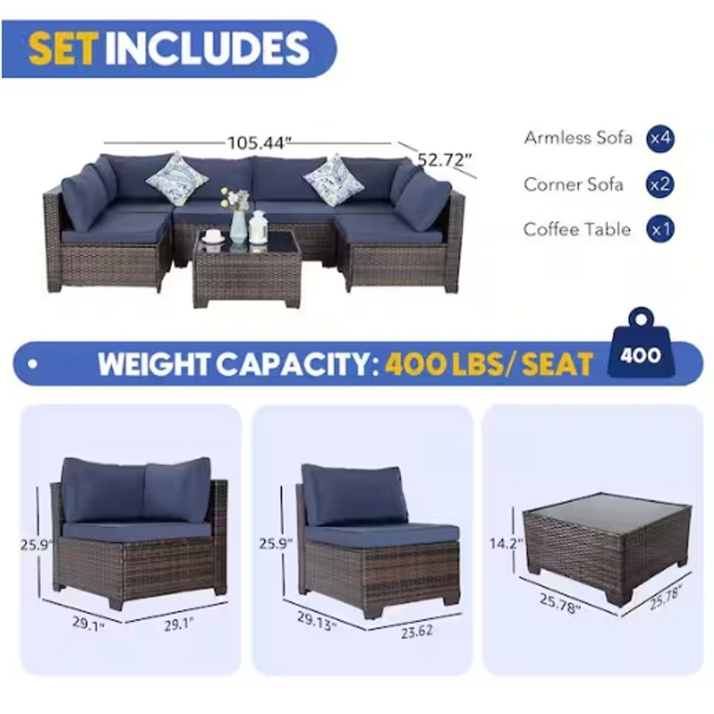 Brown Wicker 7-Piece Outdoor Patio Set Sectional Sofa and Coffee Table