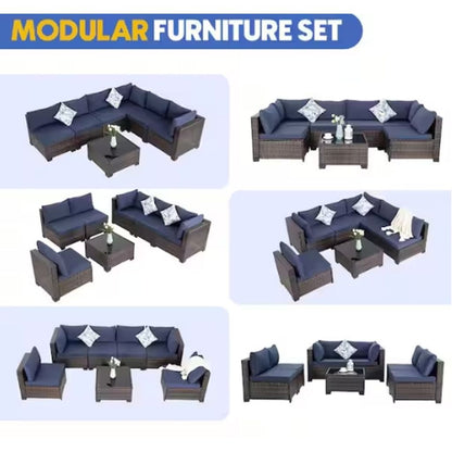 Brown Wicker 7-Piece Outdoor Patio Set Sectional Sofa and Coffee Table