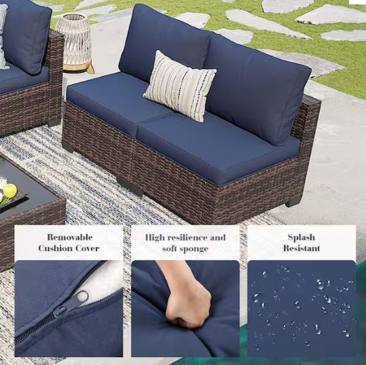 Brown Wicker 7-Piece Outdoor Patio Set Sectional Sofa and Coffee Table