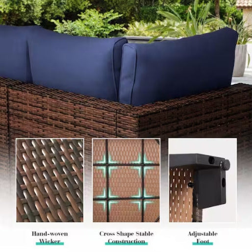 Brown Wicker 7-Piece Outdoor Patio Set Sectional Sofa and Coffee Table