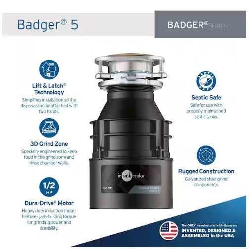 Badger 5, 1/2 HP Continuous Feed Kitchen Garbage Disposal