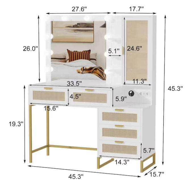 Qeetex Vanity Mirror with Lights and Table and Power Outlet Makeup Vanity Table