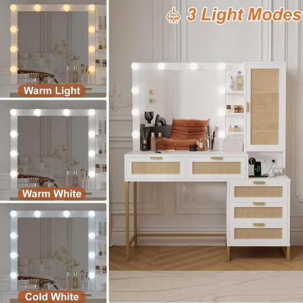 Qeetex Vanity Mirror with Lights and Table and Power Outlet Makeup Vanity Table