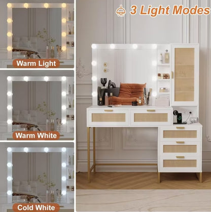 Qeetex Vanity Mirror with Lights and Table and Power Outlet Makeup Vanity Table