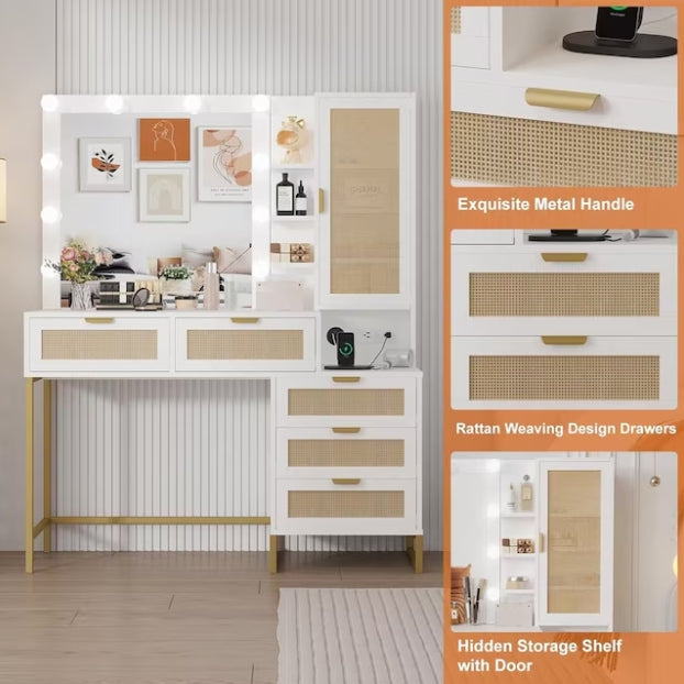 Qeetex Vanity Mirror with Lights and Table and Power Outlet Makeup Vanity Table