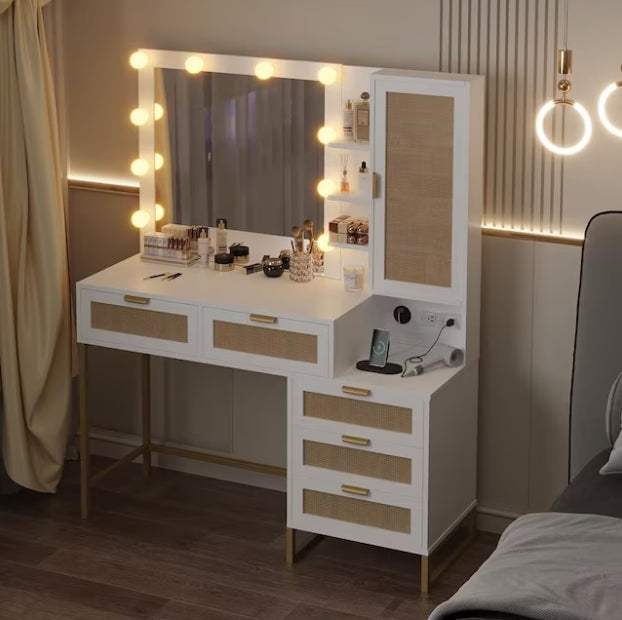 Qeetex Vanity Mirror with Lights and Table and Power Outlet Makeup Vanity Table