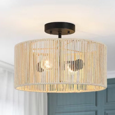 True Fine Riata 14-in Beige Shade Indoor 2 -Light Semi-flush Mount Light