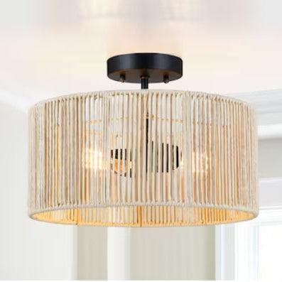 True Fine Riata 14-in Beige Shade Indoor 2 -Light Semi-flush Mount Light