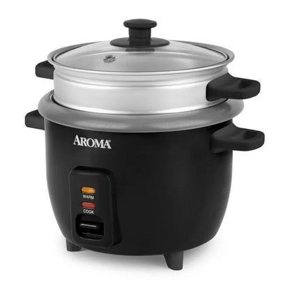 Aroma 6 Cup Rice Cooker with Outer Steam Tray Black
