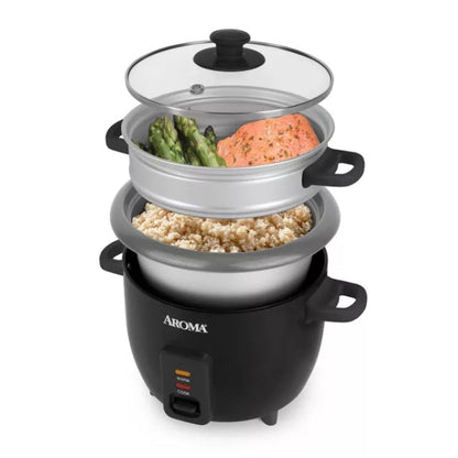Aroma 6 Cup Rice Cooker with Outer Steam Tray Black