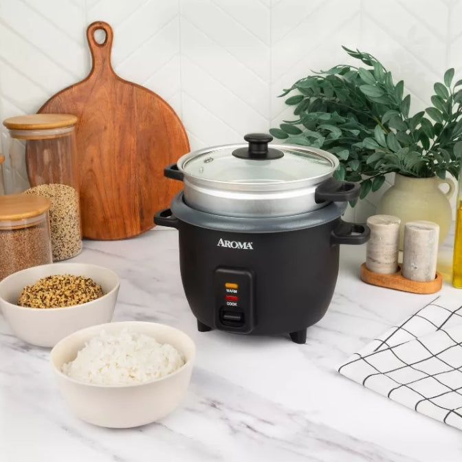 Aroma 6 Cup Rice Cooker with Outer Steam Tray Black
