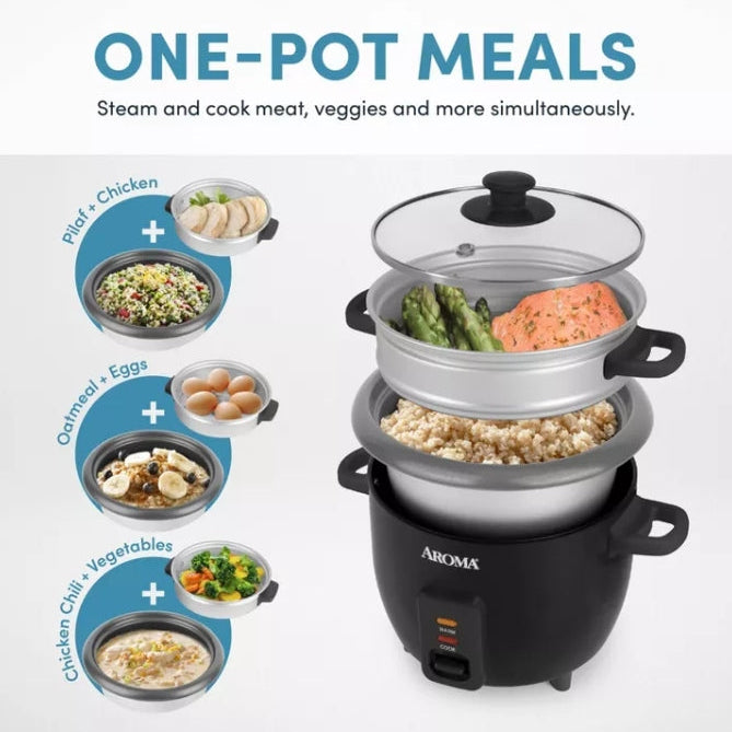 Aroma 6 Cup Rice Cooker with Outer Steam Tray Black
