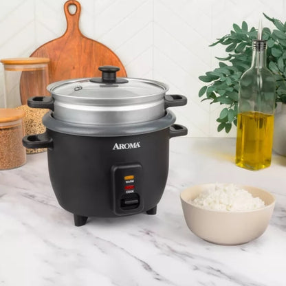 Aroma 6 Cup Rice Cooker with Outer Steam Tray Black
