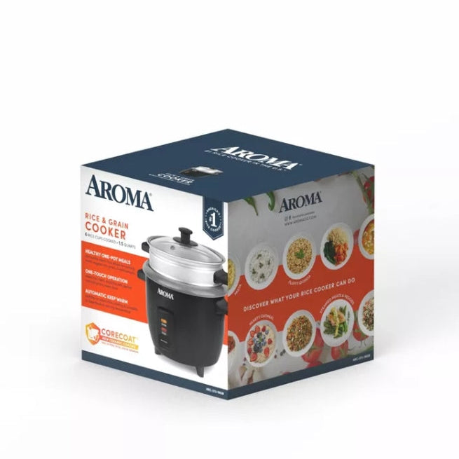 Aroma 6 Cup Rice Cooker with Outer Steam Tray Black